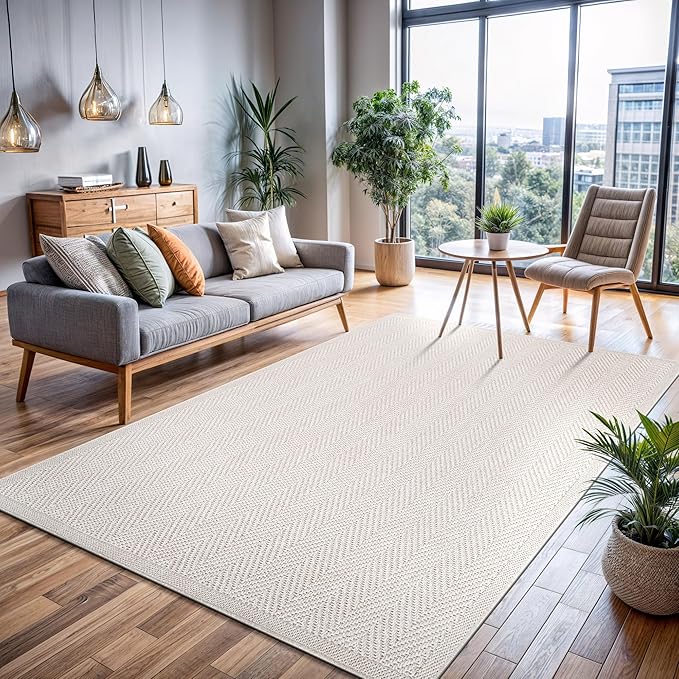 CAMILSON Easy Jute Rug 8x10, Indoor Outdoor Off-White Color Fiber Area Rugs for Living Room and Patio Rug Herringbone Seagrass Boho Woven Design Easy-Cleaning Washable Outside Carpet Alfombras 8 x 10