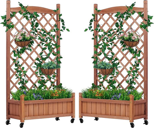 Raised Garden Bed with Trellis Set of 2, Outdoor Wood Planter Box & Plant Stand with Climbing Racks