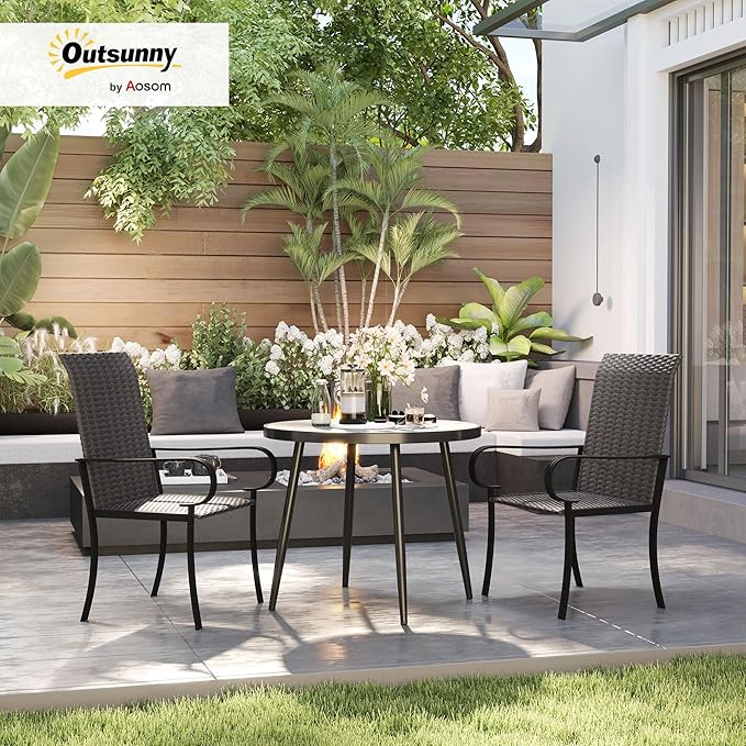 Outsunny Set of 2 Outdoor Wicker Dining Chairs, All-Weather Rattan Armchairs with Armrests, Steel Frame, High Back and Deep Seating, for Garden, Patio, Deck, Yard, Poolside, Brown