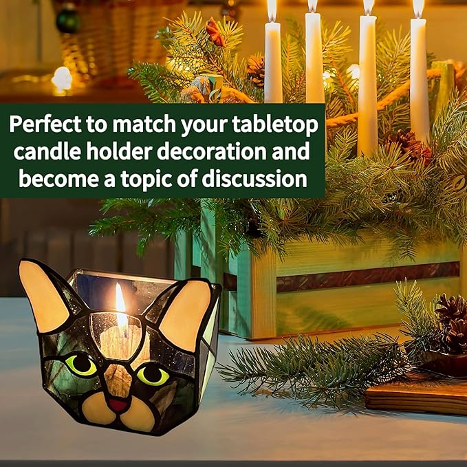 Stained Glass Cat Tea Light Candle Holder Glass,Pencil Holders for Desk,Funny Cactus Pot,Gift for Cat Lover