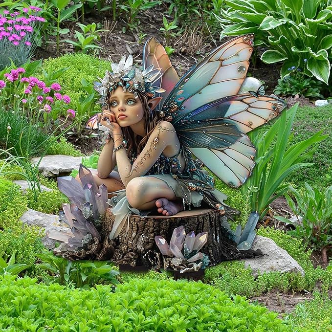JOYO 11.8''Bohemian Fairy Flower Pot Decoration,Fairy Garden Planter Accessories,2D Acrylic Ground Plug,Fairy Pumpkin Angel Garden Stake for Pot Plants and Garden Yard Lawn Décor (P)