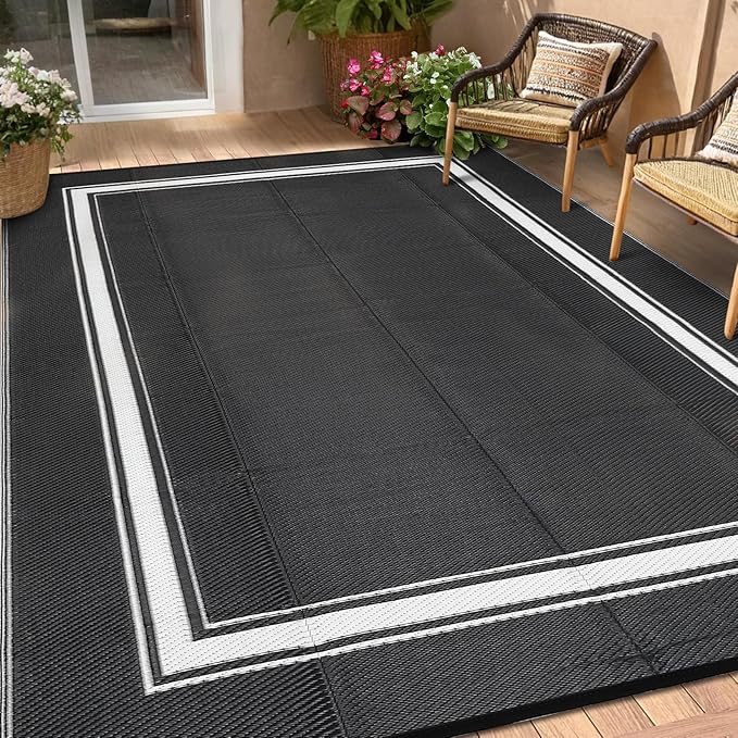 Waterproof Outdoor Rug 9x12 Reversible Plastic Straw Rug Modern Bordered Large Floor Carpet UV Resistant Camping Mat for Outsides RV Patio Backyard Picnic Deck Black/White