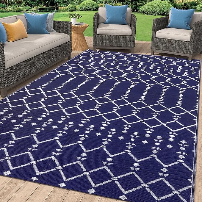 Smiry Outdoor Rug 5x8 ft, Waterproof Reversible Plastic Straw Rugs, Boho Outdoor Area Rug, Outside Floor Mat for Patio, Backyard, Deck, Picnic, Beach, Camping, Navy