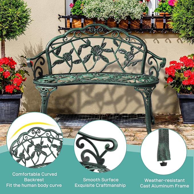 Outvita Outdoor Bench, 38"" Cast Aluminum Garden Bench Anti-Rust Weather Resistant Patio Bench Rose Pattern Bench for Front Porch, Backyard, Lawn, 1, Green