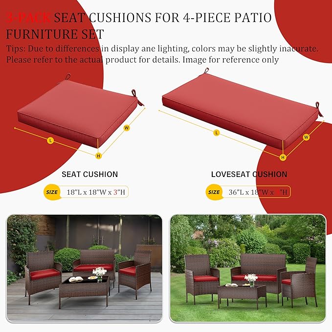3 Pack Outdoor Replacement Cushions, Fit for 4-Seater Wicker Rattan Patio Conversation Set, 36x18x3,18x18x3, Liner & Cover