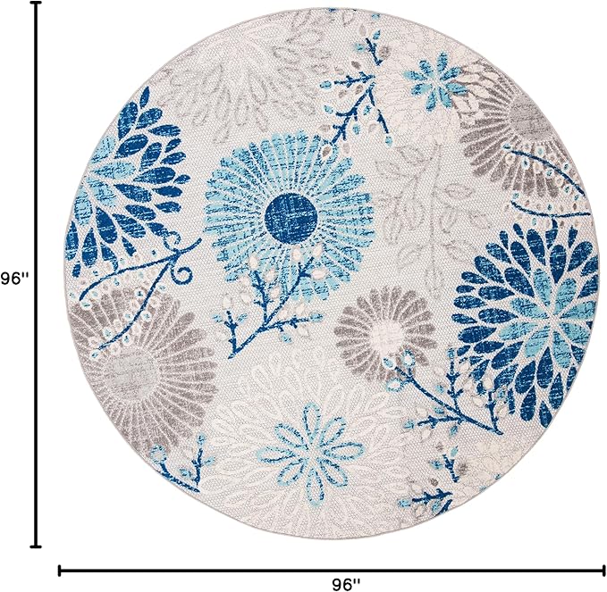 SAFAVIEH Washable Rug Outdoor Cabana Collection - 8' Round, Grey & Blue, Non-Shedding & Easy to Clean, Ideal for Patio, Backyard, Mudroom (CBN832F)