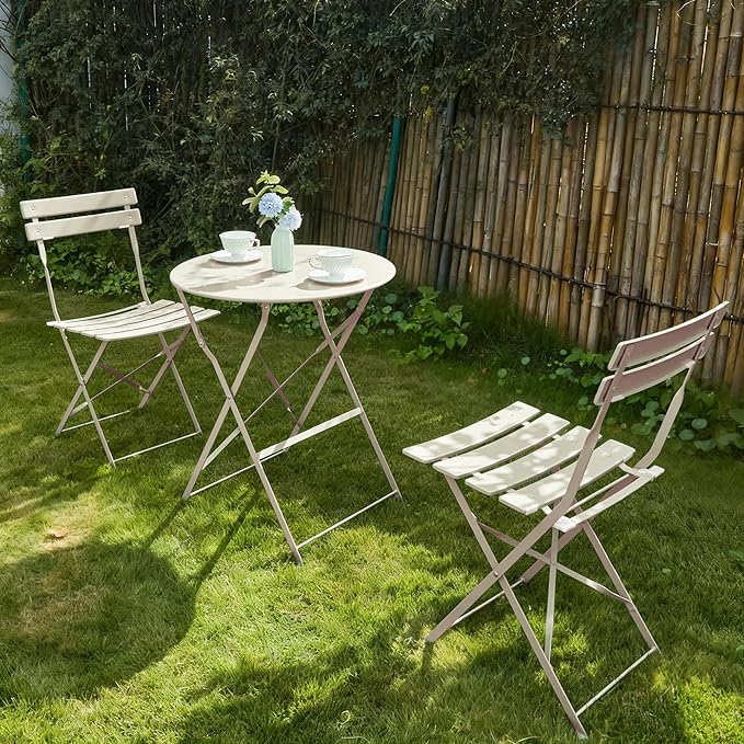 3 Piece Bistro Set, Folding Patio Furniture Set, Outdoor Table and Chairs Set for Patio, Garden, Balcony and Poolside, Apricot