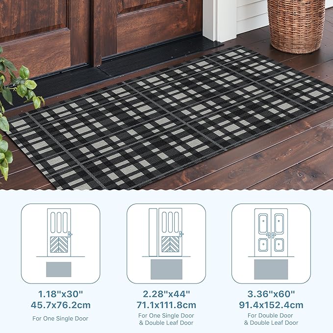 GENIMO Door Mat 28X44 Inch Buffalo Plaid Christmas Decor Rug Outdoor Geometric Checked Rugs, Washable Carpet for Front Porch, Kitchen, Farmhouse, Entryway Low Pile Doormat Black and White
