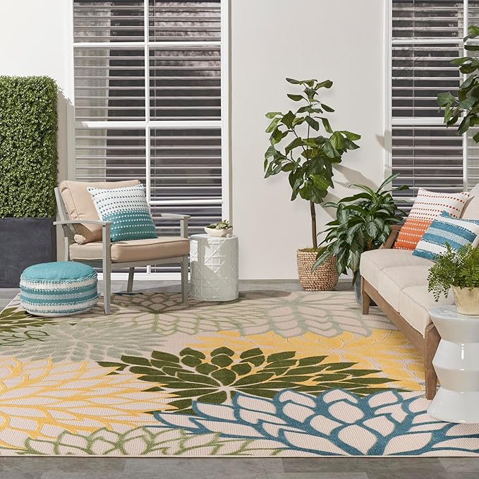 Nourison Home Aloha Indoor/Outdoor Green Multicolor 12' x 15' Area Rug, Easy Cleaning, Non-Shedding, Bed Room, Living Room, Dining Room, Backyard, Patio, Deck (12x15)