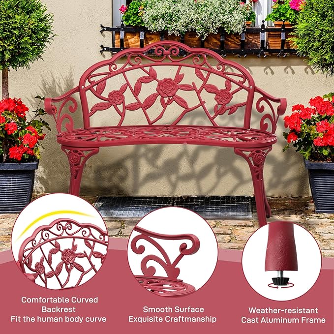 Outvita Outdoor Cast Aluminium Bench - Anti-Rust Weather Resistant Patio Bench, Rose Pattern, 39" H x 59" L x 22" D