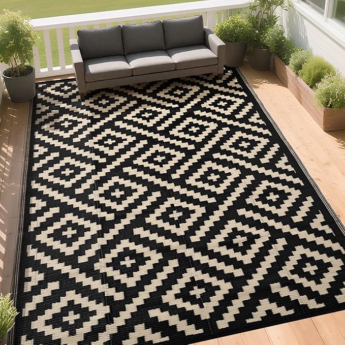 RURALITY Outdoor Rugs 6x9 Feet for Patios Clearance,Plastic Straw Waterproof Mats for Backyard,Porch,Deck,Balcony,Black&Beige