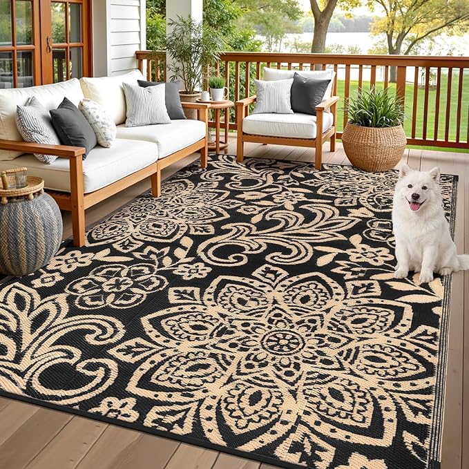 Findosom Waterproof Outdoor Rug 6' x 9' - Reversible Mandala Outdoor Plastic Straw Rug, Durable Foldable Patio Rug for RV, Deck, Balcony, Backyard, Picnic, Porch, Camping, Beach, Black
