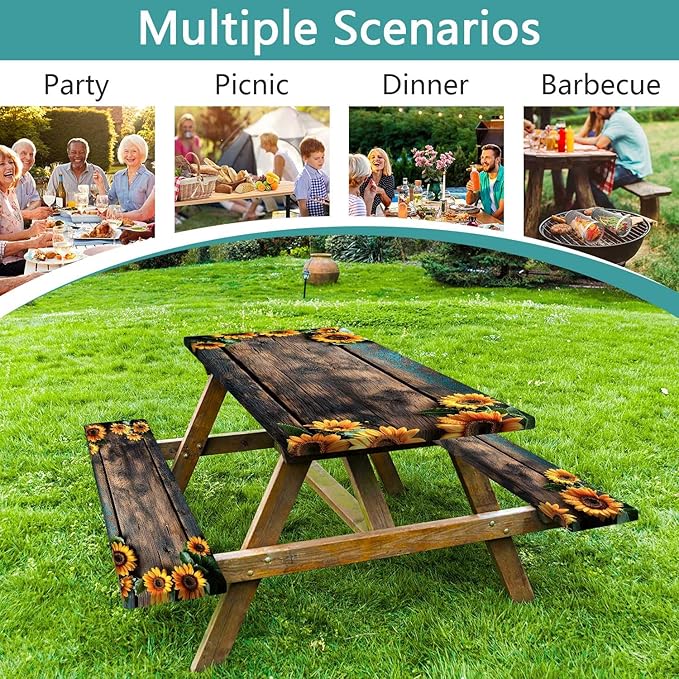 Picnic Table Cover with Bench Covers Wood Sunflower Flowers Wooden Floral Waterproof Windproof Fitted Outdoor Tablecloth with Elastic Rectangle Table Cloth Camping Accessories,72x30 Inch