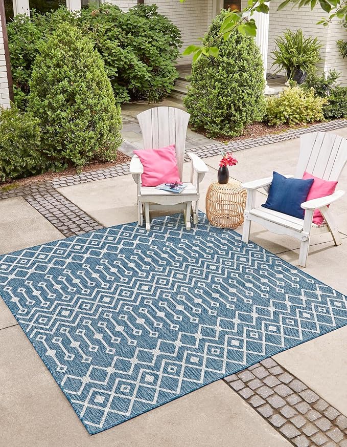 Unique Loom Outdoor Trellis Collection Area Rug - Tribal Trellis (8' Square, Blue/ Ivory)