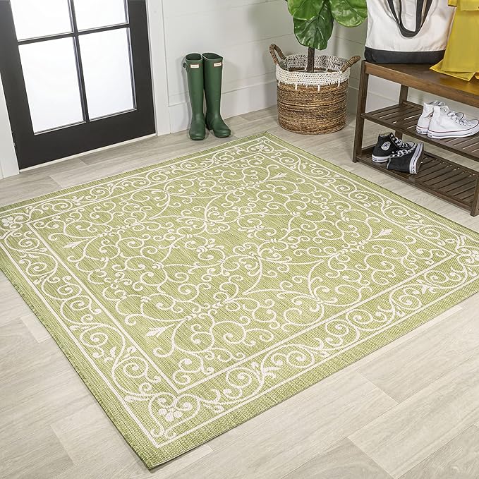 JONATHAN Y Vintage Filigree Indoor Outdoor Square Area Rug 5X5 Green/Cream, Charleston Textured Weave for Backyard, Patio, Porch, Easy-Cleaning, High Traffic, Pet-Friendly, Non-Shedding (SMB106H-5SQ)
