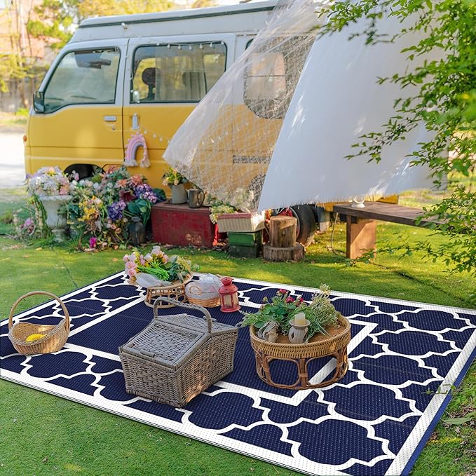 GENIMO 6' x 9' Outdoor Rug Waterproof for Patio Fall Decor, Foldable Reversible Plastic Straw Area Rugs Mat for Camper, Outside Carpet for Rv, Deck, Porch, Picnic, Beach, Balcony, Blue & White
