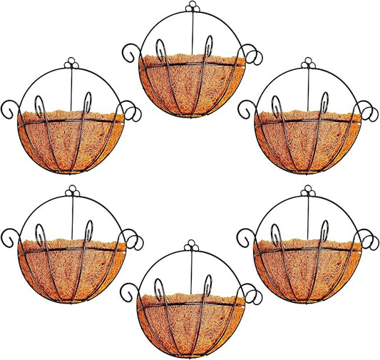 Shoplala Wall Planters Outdoor Plants (10 Inch, 6 Pack) Balcony Planters Railing Hanging Fence Planter Over Railing with Coco Liner, Wall Mounted Flower Basket Black Metal Wire Deck Porch Patio Garden