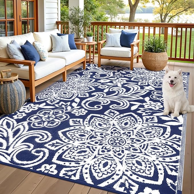 Findosom Waterproof Outdoor Rug 6' x 9' - Reversible Mandala Outdoor Plastic Straw Rug, Durable Foldable Patio Rug for RV, Deck, Balcony, Backyard, Picnic, Porch, Camping, Beach, Navy