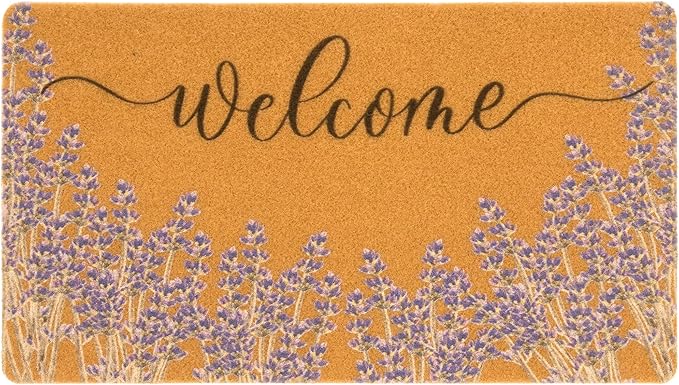 Lavender Welcome Door Mat Outside Entrance for Front Door, Indoor, Outdoor, Entryway, 17x30 Faux-Coir Spring Purple Floral Non-Slip Dirt-Trapping Thin Porch-Rug for Garden, Patio