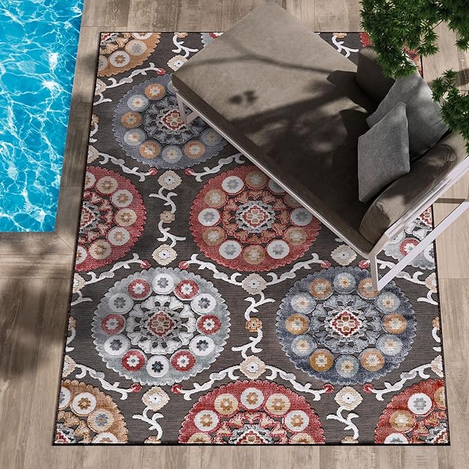 CAMILSON Indoor Outdoor Rug 5x7 Bohemian Medallion Floral Area Rugs for Indoor and Outdoor Patios Easy-Cleaning Non-Shedding Living Room Garden and Kitchen Washable Outside Carpet (5 x 7 / Brown)