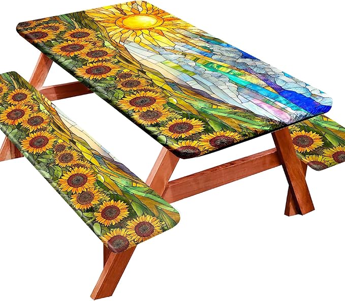 Picnic Table Cover with Bench Covers 72IN 6FT, Camping Essentials Tablecloth Waterproof Oilproof with elastic Edge for Indoor Outdoor Patio (Sunflower Sun)