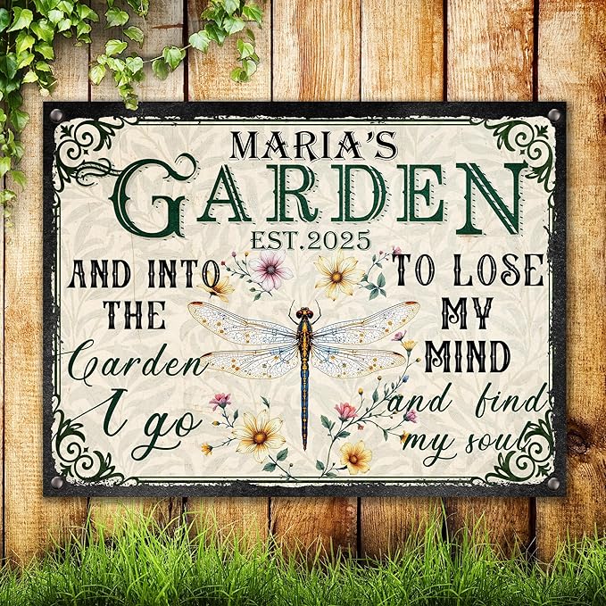 Custom Garden Signs Personalized Metal Tin Sign for Women, Retro Funny Dragonfly Metal Sign for Outdoor, Patio, Yard Rustic Home Decor Gift for Mothers Day, Grandmas, and Gardening Lovers