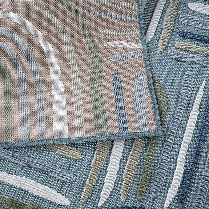 CAMILSON Indoor Outdoor Rug, Aqua 8x10 Geometric Arch Striped Area Rugs for Patio and Home Areas, Easy-Cleaning Non-Shedding Living Room, Garden and Deck Washable Outside Carpet (8 x 10)