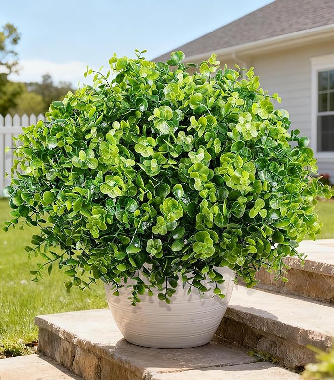 Artificial Faux Outdoor Plants for Spring Summer Decoration, 12 Bundles Fake Plastic Eucalyptus UV Resistant Look Real Fake Plants for Planter Outside Front Door Porch Patio Balcony Garden Indoor Yard