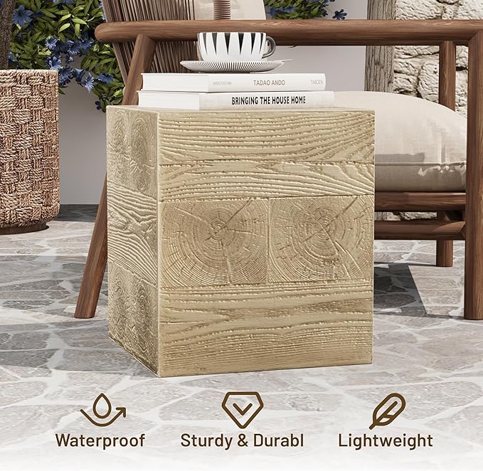COSIEST Outdoor Side Table Faux Wood Patio End Table, Hand-Painted Wooden Plant Stand, Stool, Ottoman for Deck, Garden, Yard, Indoor