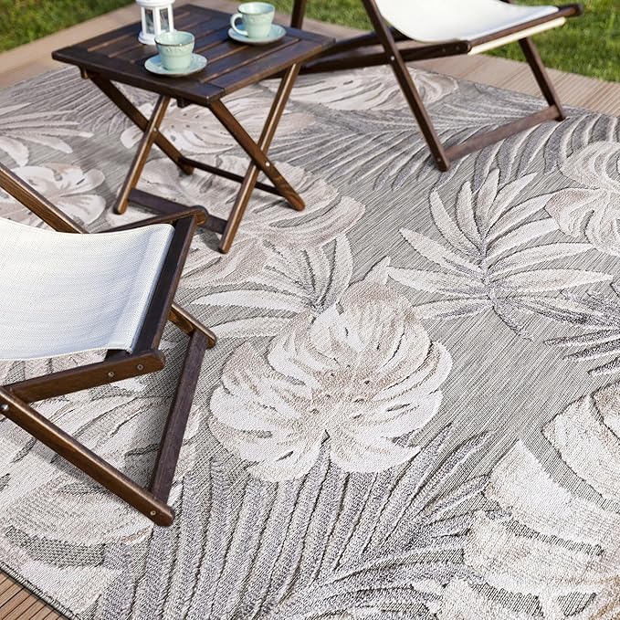 CAMILSON Indoor Outdoor Rug, Beige 10’x14’ Leaf Tropical Botanical Area Rugs for Indoor and Outdoor patios, Easy-Cleaning Non-Shedding Living Room, Garden and Kitchen Washable Outside Carpet (10x14)