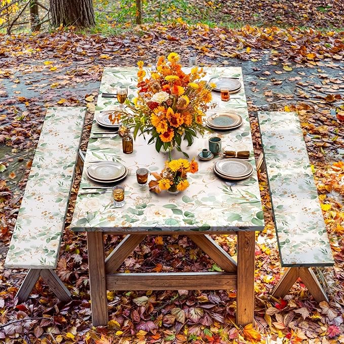 Picnic Table Cover with Bench Covers and Bag, Outdoor Waterproof Windproof Tablecloth with Elastic Edges, Camping Accessories RV Gear Campers 72x30 Inches 3 Pcs Set, Sage Green Eucalyptus Leaves