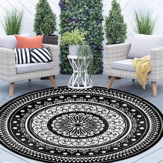 Cekene Reversible Outdoor Rugs 6Ft Round Patio Rugs Lightweight Plastic Straw Rug Waterproof RV Camping Mat Portable Area Rug for Patio Deck Porch Picnic Beach BBQ Garden