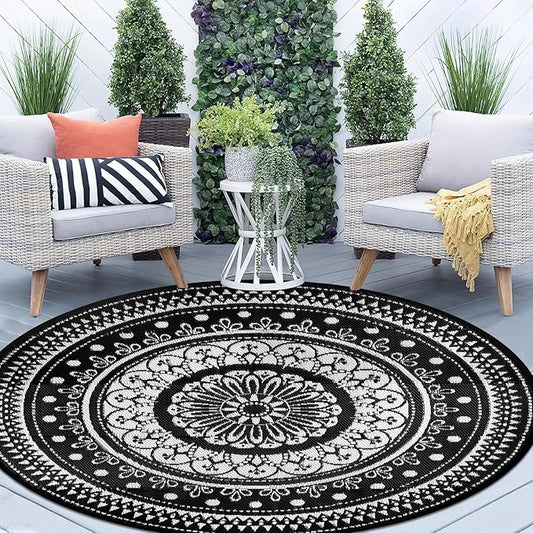 Cekene Reversible Outdoor Rugs 6Ft Round Patio Rugs Lightweight Plastic Straw Rug Waterproof RV Camping Mat Portable Area Rug for Patio Deck Porch Picnic Beach BBQ Garden