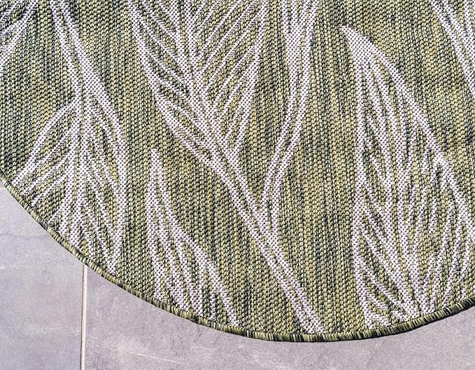 Unique Loom Outdoor Botanical Collection Area Rug - Leaf (4' 1" Round, Green/ Ivory)