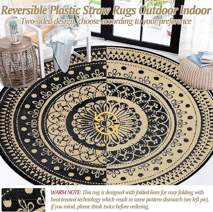 Cekene Round Outdoor Rugs Waterproof 6Ft Reversible Outdoor Patio Rugs Portable RV Camping Mats Lightweight Plastic Straw Rugs Outdoor Area Rug for Patio Picnic Beach BBQ, Black/Camel