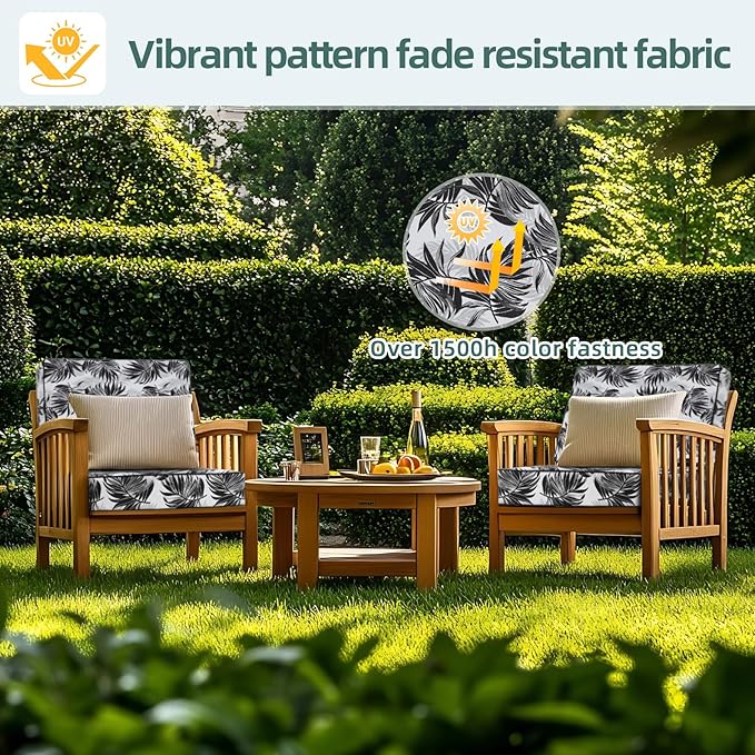 Favoyard Deep Seat Patio Cushion 22 x 22 x 3 in Waterproof Seat & Back Cushion Set with Color Fade Resisitant Pattern, Portable Handle, Attach Straps, Zipper on Removable Cover for Outdoor Furniture