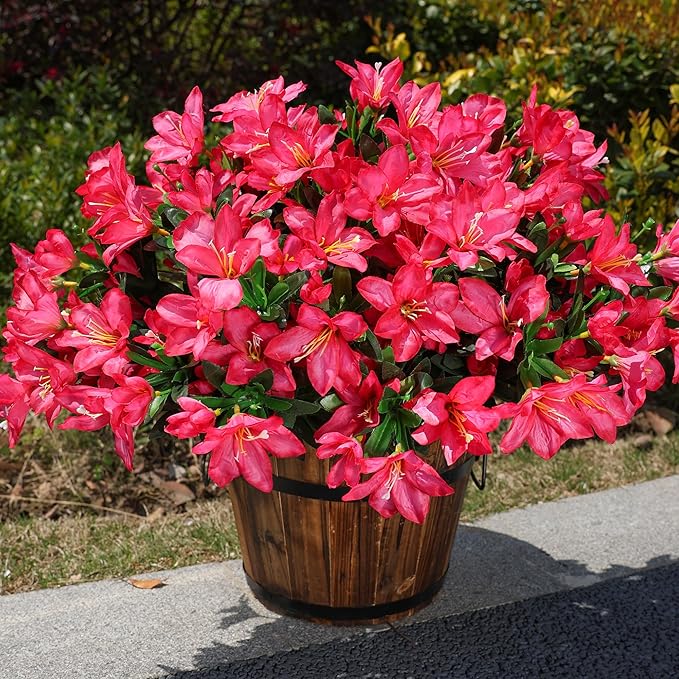 INSPRING Artificial Flowers for Outdoors Outside Decoration, 3 Bundles Spring Fake Silk Azalea Plants UV Resistant Realistic Faux Flowers for Outdoor Planter Front Door Patio Garden Home, Hotpink