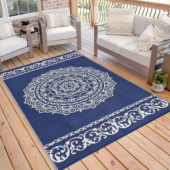 GAOMON Outdoor Patio Rug 8x10 Reversible Camping Mat, Stain-Resistant Plastic Straw Rug, Easy to Clean, Indoor Outdoor Carpet for Porch, Deck, Balcony, Beach, Garden, Navy/White(Medallion)