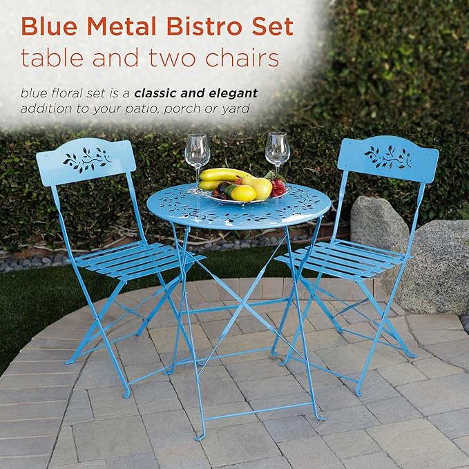 Alpine Corporation 3-Piece Bistro Set with Folding Table and 2 Chairs, Durable Steel Indoor/Outdoor Patio Furniture, Compact Seating, Blue