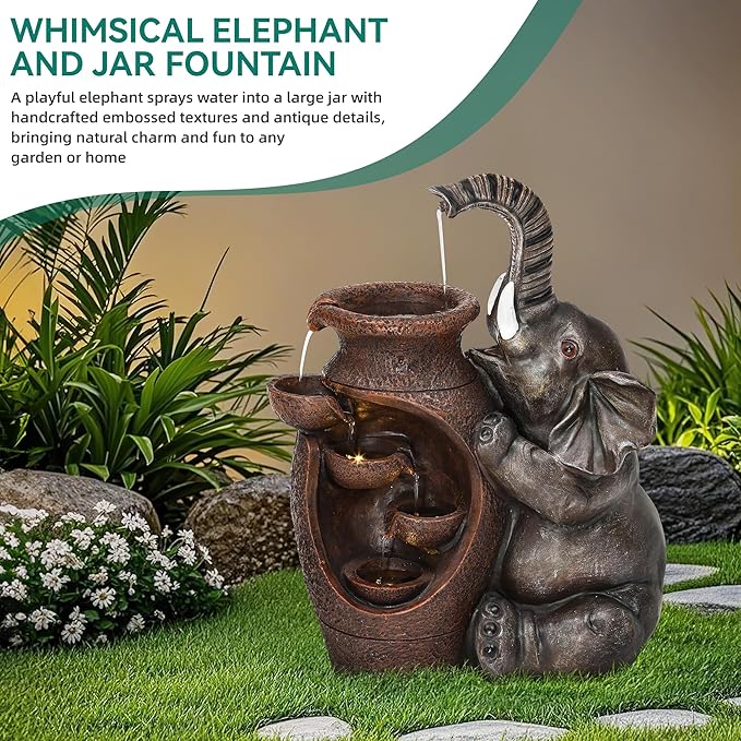 19" H Elephant Outdoor Water Fountain with LED Lights and Pump, Resin Garden Waterfall Feature for Patio, Porch, Yard