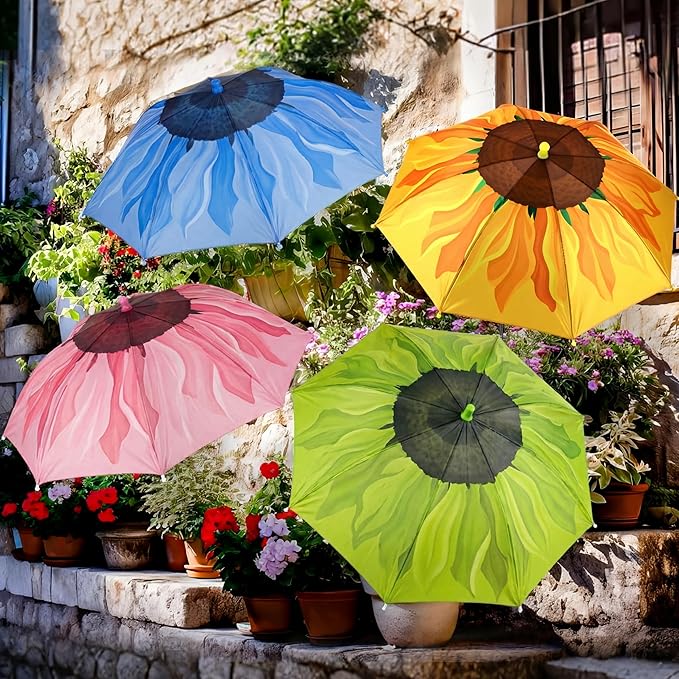 4 Pack Plant Umbrellas for Outdoor Plants, Upgraded Joints-enhanced Wind Resistance, Adjustable Height, Large Garden Umbrella Shade for Potted Plants Bed Flower Pot(Sunflower Mixed Color)