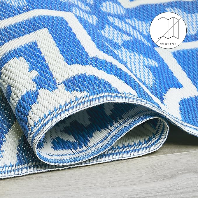 Fab Habitat Outdoor Rug - Waterproof, Fade Resistant, Crease-Free - Premium Recycled Plastic - Spanish Tile Farmhouse - Patio, Deck, Porch, Balcony, Laundry Room - Puebla - Blue - 4 x 6 ft