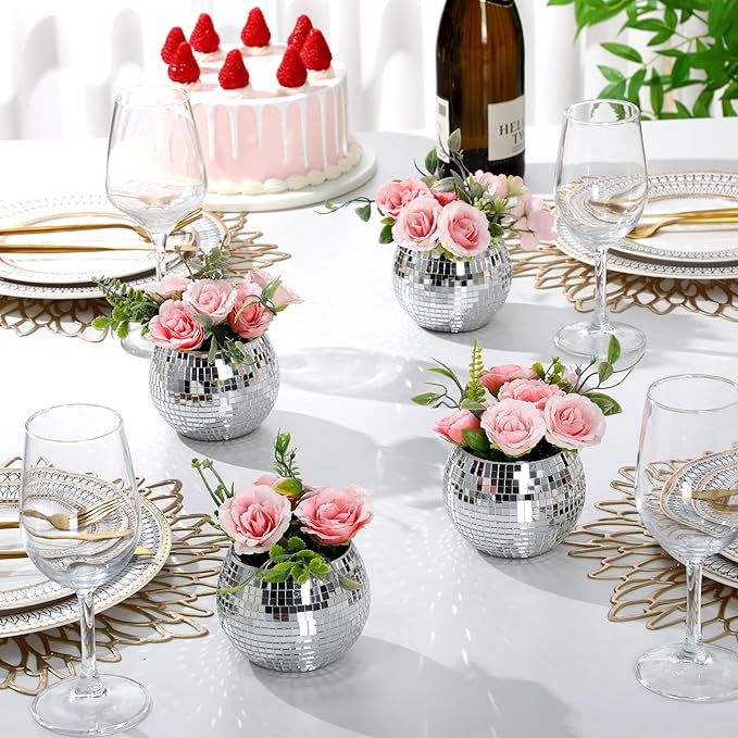 6 Pieces Disco Ball Flower Vase Mirror Disco Ball Glass Vase Planter Candle Holder Glass Vase Bulk for Wedding Centerpieces Bedroom Kitchen Office Decoration Birthday(Silver, 3 x 4 Inch)