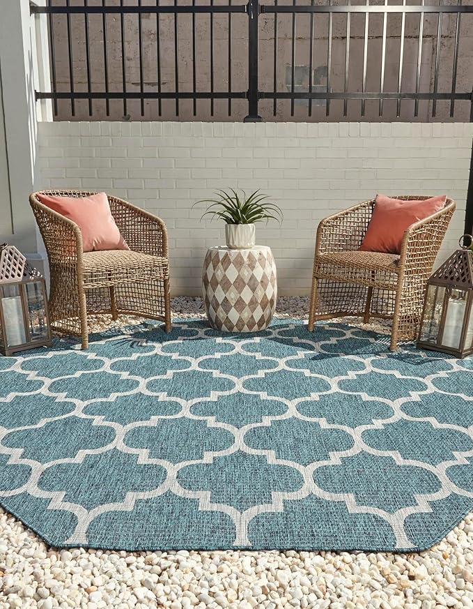 Unique Loom Outdoor Trellis Collection Area Rug (7' 10" Octagon, Teal/ Gray)