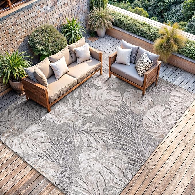 CAMILSON Indoor Outdoor Rug, Beige 6’x9’ Leaf Tropical Botanical Area Rugs for Indoor and Outdoor patios, Easy-Cleaning Non-Shedding Living Room, Garden and Kitchen Washable Outside Carpet (6x9)