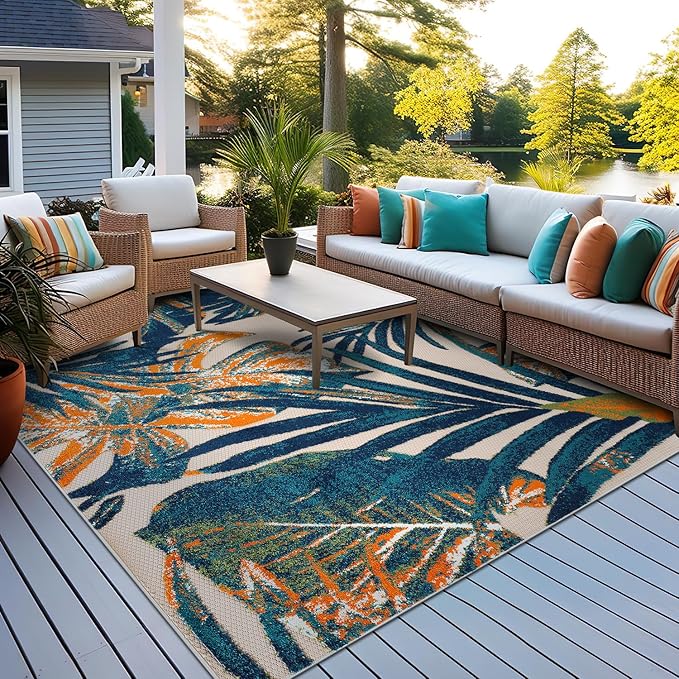 Rugshop Tropical Floral Leaves Indoor/Outdoor Area Rug Durable Polypropylene, Non-Shedding, Easy to Clean, Perfect for Patio, Backyard, Deck and Outdoor Lounge, High Traffic Areas, 6'6" x 6'6" Square