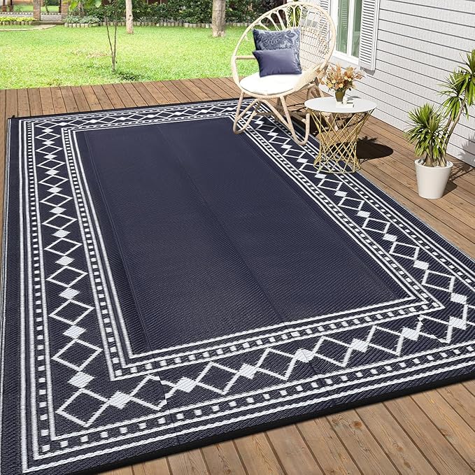 Garvee Large Outdoor Rug 10x20 Patio Rug Waterproof Plastic Straw Outdoor Carpet Washable Reversible Mat Modern Border Outdoor Rug for Camping RV Deck Entrance Porch Picnic Balcony Backyard,Black/Blue
