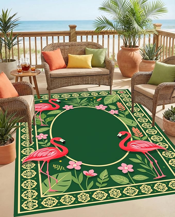 Emerald Green Pink Flamingo Tropical Patio Rug 7x14 Waterproof Washable Bohemian Chic Indoor Outdoor Carpet Yellow Border Unique Outside Rugs for Porch Balcony Porch Deck Poolside Backyard