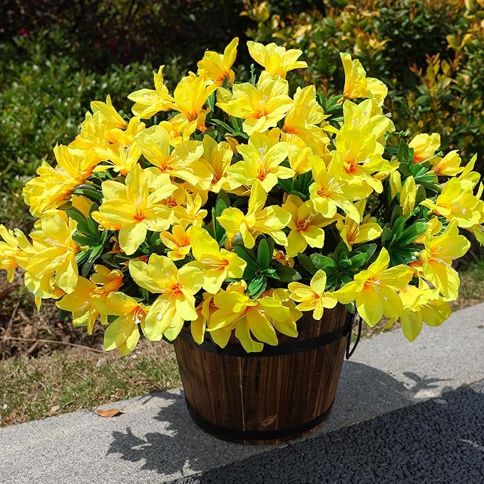 INSPRING Artificial Azalea Flowers Fake Plants for Outdoors Spring Summer Decoration, 3 Bundles UV Resistant Faux Silk Outside Flowers Look Real for Outdoor Planter Front Door Patio Garden, Yellow