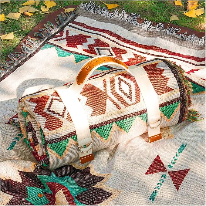 2 in 1 Extra Large Outdoor Picnic Mat Woven Summer Throw Blanket Boho Giant Beach Travel Essential Yoga Accessories Park Patio Lawn Garden Grass Ground Play Music Festival Concert Must Have